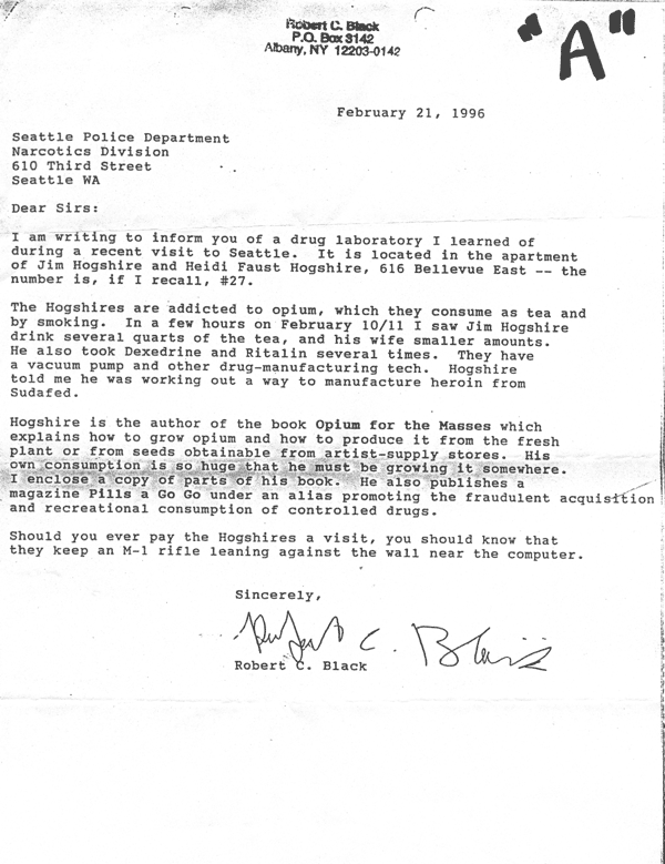 Bob Black's letter to the Seattle Police Narcotics Division
 narcing on Jim Hogshire